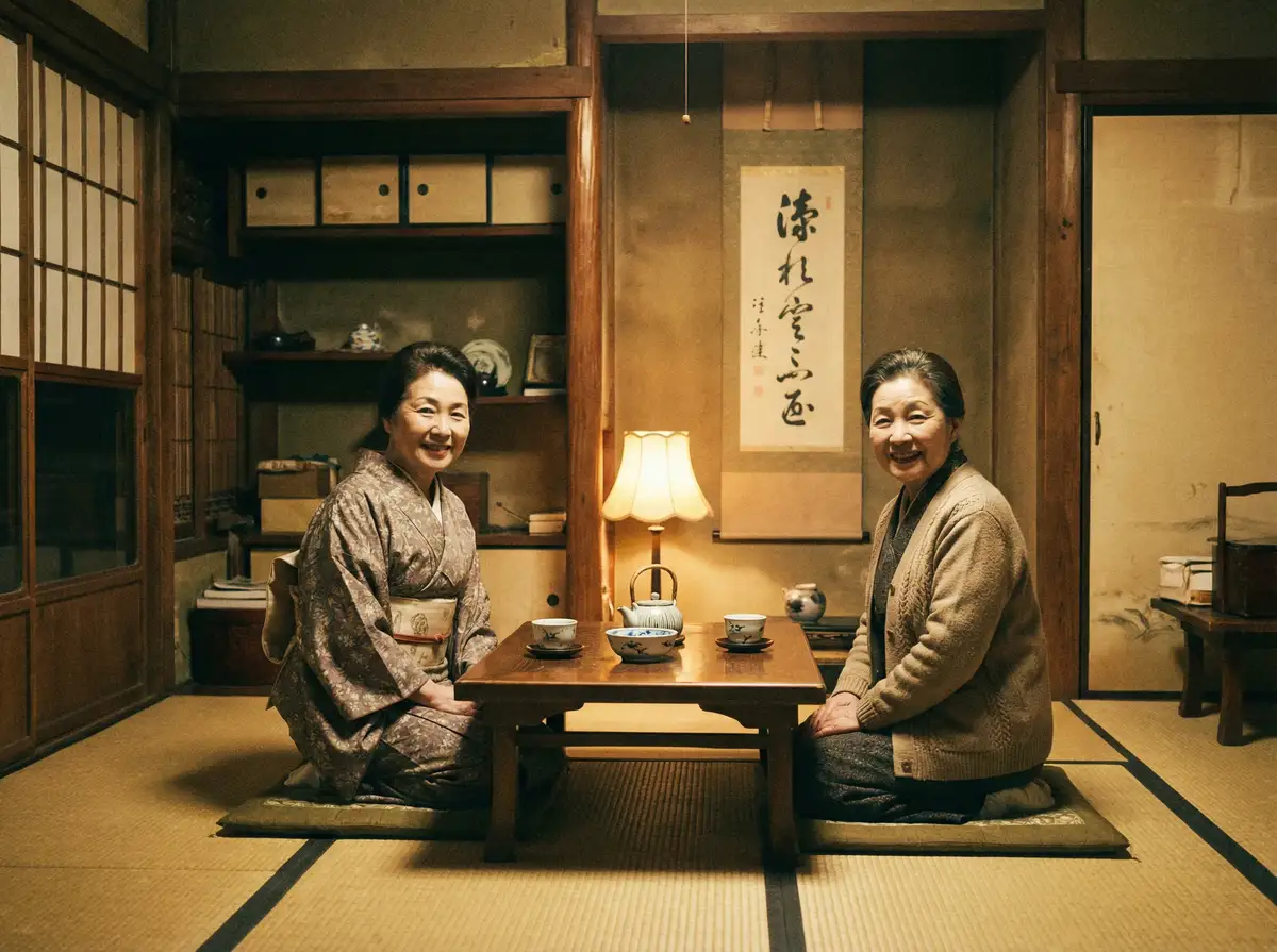 两位优雅的 91大赛 在日式茶室中品茶交谈